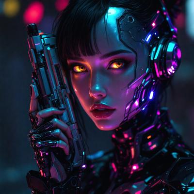 The primary subject of the image is a woman with a futuristic appearance, wearing a metallic outfit and holding a gun. She is the main focus of the image. The setting is a futuristic environment, possibly a space station or a futuristic city. The visual style is a digital art or illustration, as the woman's outfit and the gun are depicted in a detailed and intricate manner. The colors and mood of the image are predominantly dark and futuristic, with the woman's outfit and the gun being the main sources of color and light.